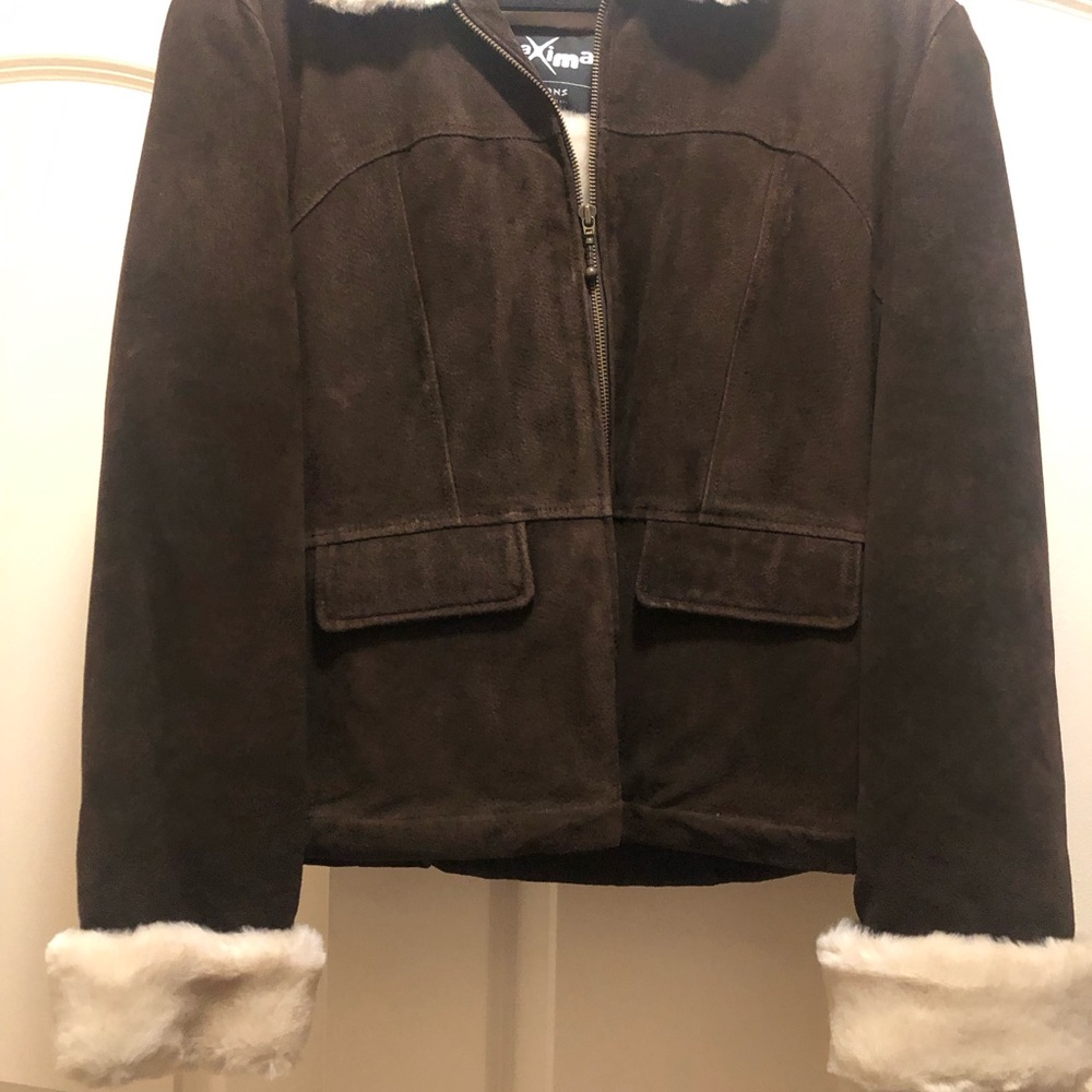 Maxima Dark Brown Teddy Jacket with White Trim